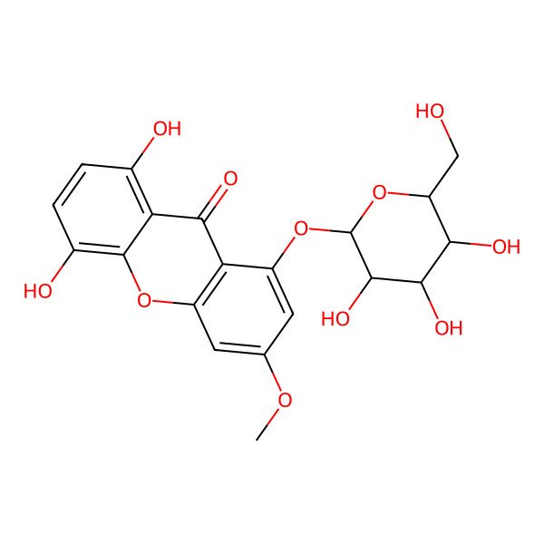 2D Structure of 5,8-dihydroxy-3-methoxy-1-[(2R,3R,4S,5S,6R)-3,4,5-trihydroxy-6-(hydroxymethyl)oxan-2-yl]oxyxanthen-9-one