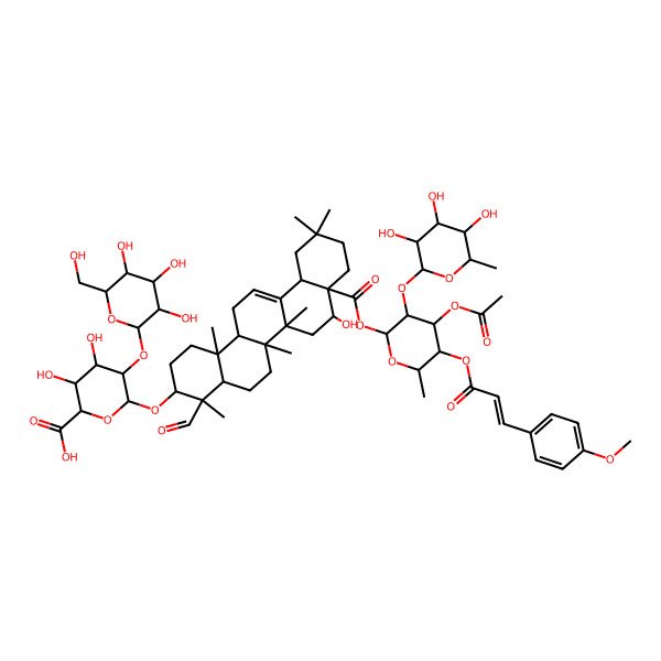 2D Structure of (2S,3S,4S,5R,6R)-6-[[(3S,4S,4aR,6aR,6bS,8R,8aR,12aS,14aR,14bR)-8a-[(2R,3S,4R,5R,6S)-4-acetyloxy-5-[(E)-3-(4-methoxyphenyl)prop-2-enoyl]oxy-6-methyl-3-[(2S,3R,4R,5R,6S)-3,4,5-trihydroxy-6-methyloxan-2-yl]oxyoxan-2-yl]oxycarbonyl-4-formyl-8-hydroxy-4,6a,6b,11,11,14b-hexamethyl-1,2,3,4a,5,6,7,8,9,10,12,12a,14,14a-tetradecahydropicen-3-yl]oxy]-3,4-dihydroxy-5-[(2S,3R,4S,5R,6R)-3,4,5-trihydroxy-6-(hydroxymethyl)oxan-2-yl]oxyoxane-2-carboxylic acid