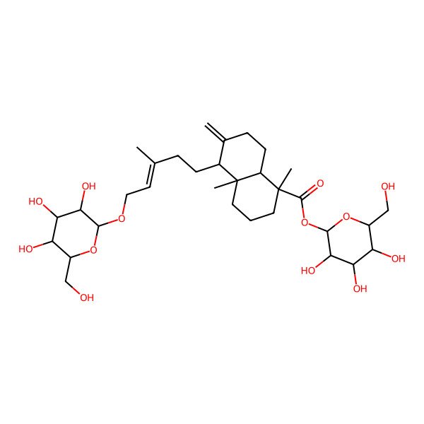 2D Structure of beta-D-Glucopyranose, 1-[(1S,4aS,5R,8aS)-5-[(3E)-5-(beta-D-glucopyranosyloxy)-3-methyl-3-penten-1-yl]decahydro-1,4a-dimethyl-6-methylene-1-naphthalenecarboxylate]