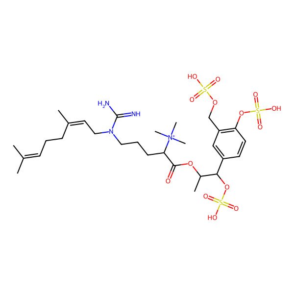2D Structure of [5-[Carbamimidoyl(3,7-dimethylocta-2,6-dienyl)amino]-1-oxo-1-[1-sulfooxy-1-[4-sulfooxy-3-(sulfooxymethyl)phenyl]propan-2-yl]oxypentan-2-yl]-trimethylazanium