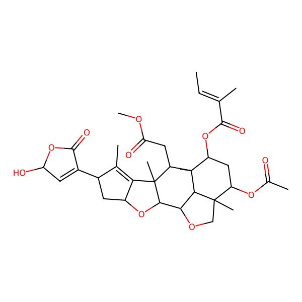 2D Structure of [14-acetyloxy-6-(2-hydroxy-5-oxo-2H-furan-4-yl)-10-(2-methoxy-2-oxoethyl)-7,9,11,15-tetramethyl-3,17-dioxapentacyclo[9.6.1.02,9.04,8.015,18]octadec-7-en-12-yl] 2-methylbut-2-enoate