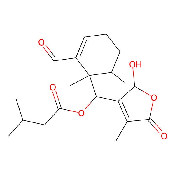 2D Structure of [(2-formyl-1,6-dimethylcyclohex-2-en-1-yl)-(2-hydroxy-4-methyl-5-oxo-2H-furan-3-yl)methyl] 3-methylbutanoate