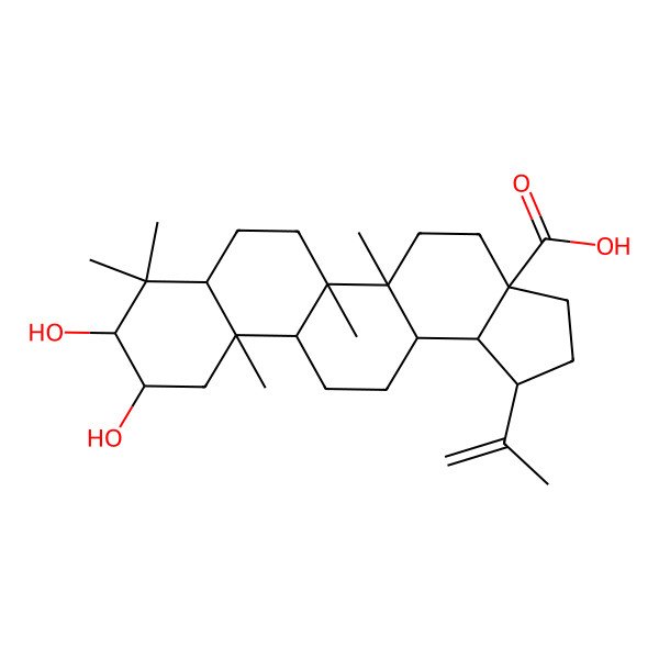 2D Structure of (1R,3aS,5aR,5bR,7aR,9R,10R,11aR,11bR,13aR,13bS)-9,10-dihydroxy-5a,5b,8,8,11a-pentamethyl-1-prop-1-en-2-yl-1,2,3,4,5,6,7,7a,9,10,11,11b,12,13,13a,13b-hexadecahydrocyclopenta[a]chrysene-3a-carboxylic acid