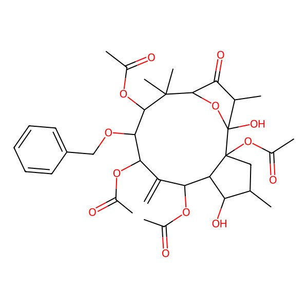 2D Structure of [(1S,2R,5R,6R,7R,9R,10S,11S,13R)-2,9,11-triacetyloxy-1,5-dihydroxy-4,12,12,15-tetramethyl-8-methylidene-14-oxo-10-phenylmethoxy-16-oxatricyclo[11.2.1.02,6]hexadecan-7-yl] acetate