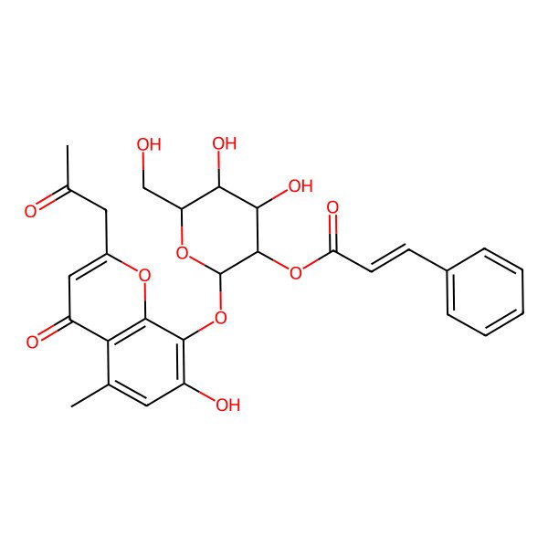 2D Structure of [(2S,3R,4S,5S,6R)-4,5-dihydroxy-6-(hydroxymethyl)-2-[7-hydroxy-5-methyl-4-oxo-2-(2-oxopropyl)chromen-8-yl]oxyoxan-3-yl] (E)-3-phenylprop-2-enoate