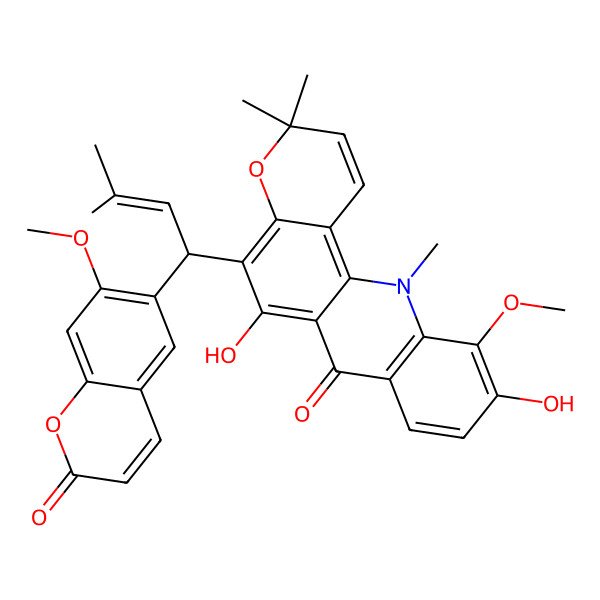 2D Structure of 6,10-dihydroxy-11-methoxy-5-[(1S)-1-(7-methoxy-2-oxochromen-6-yl)-3-methylbut-2-enyl]-3,3,12-trimethylpyrano[2,3-c]acridin-7-one
