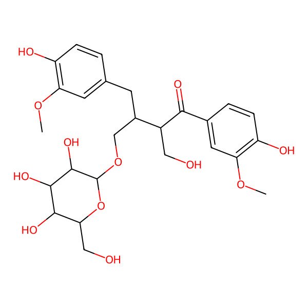 2D Structure of 1-(4-Hydroxy-3-methoxyphenyl)-3-[(4-hydroxy-3-methoxyphenyl)methyl]-2-(hydroxymethyl)-4-[3,4,5-trihydroxy-6-(hydroxymethyl)oxan-2-yl]oxybutan-1-one