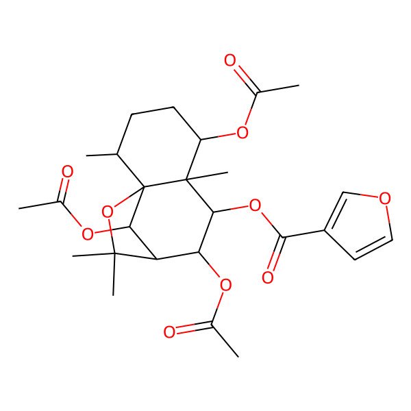 2D Structure of [(1R,2R,5S,6S,7R,8R,9S,12S)-5,8,12-triacetyloxy-2,6,10,10-tetramethyl-11-oxatricyclo[7.2.1.01,6]dodecan-7-yl] furan-3-carboxylate