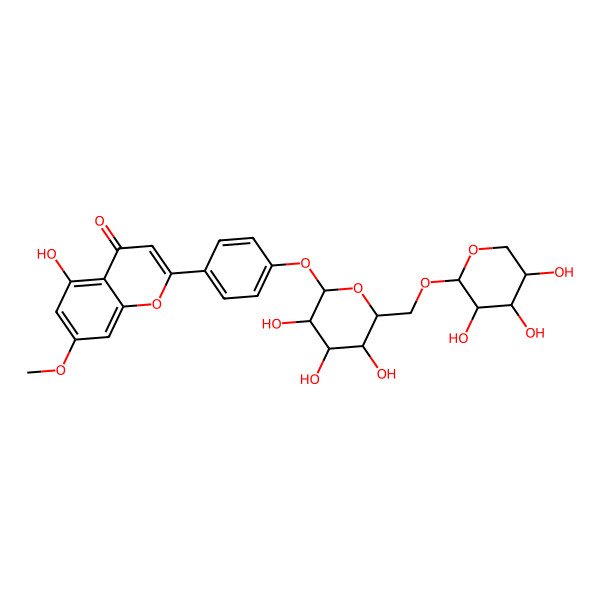 2D Structure of 5-hydroxy-7-methoxy-2-[4-[(2S,3S,4S,5R,6S)-3,4,5-trihydroxy-6-[[(2R,3R,4R,5R)-3,4,5-trihydroxyoxan-2-yl]oxymethyl]oxan-2-yl]oxyphenyl]chromen-4-one