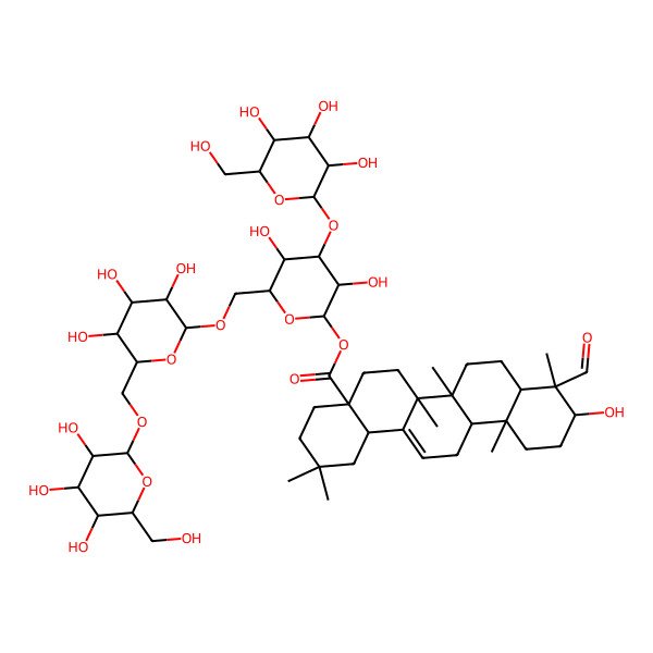 2D Structure of [(2S,3R,4S,5R,6R)-3,5-dihydroxy-4-[(2S,3R,4S,5S,6R)-3,4,5-trihydroxy-6-(hydroxymethyl)oxan-2-yl]oxy-6-[[(2R,3R,4S,5S,6R)-3,4,5-trihydroxy-6-[[(2S,3R,4S,5R,6R)-3,4,5-trihydroxy-6-(hydroxymethyl)oxan-2-yl]oxymethyl]oxan-2-yl]oxymethyl]oxan-2-yl] (4aS,6aR,6aS,6bR,8aR,9S,10S,12aR,14bS)-9-formyl-10-hydroxy-2,2,6a,6b,9,12a-hexamethyl-1,3,4,5,6,6a,7,8,8a,10,11,12,13,14b-tetradecahydropicene-4a-carboxylate