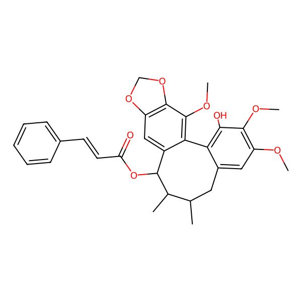 2D Structure of [(9R,10R,11S)-3-hydroxy-4,5,19-trimethoxy-9,10-dimethyl-15,17-dioxatetracyclo[10.7.0.02,7.014,18]nonadeca-1(19),2,4,6,12,14(18)-hexaen-11-yl] (E)-3-phenylprop-2-enoate