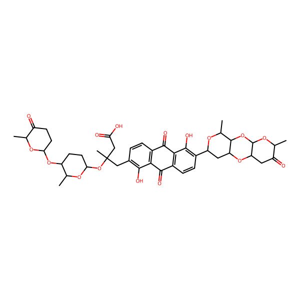 2D Structure of 4-[6-(5,14-Dimethyl-6-oxo-2,4,9,13-tetraoxatricyclo[8.4.0.03,8]tetradecan-12-yl)-1,5-dihydroxy-9,10-dioxoanthracen-2-yl]-3-methyl-3-[6-methyl-5-(6-methyl-5-oxooxan-2-yl)oxyoxan-2-yl]oxybutanoic acid