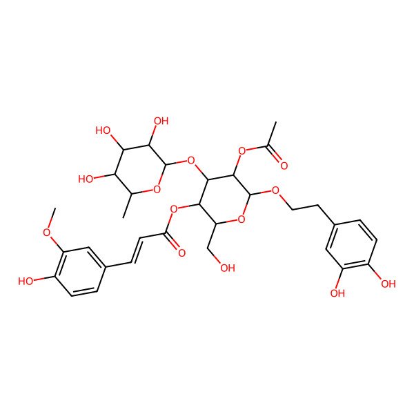 2D Structure of [(2R,3R,4S,5R,6R)-5-acetyloxy-6-[2-(3,4-dihydroxyphenyl)ethoxy]-2-(hydroxymethyl)-4-[(2S,3R,4R,5R,6S)-3,4,5-trihydroxy-6-methyloxan-2-yl]oxyoxan-3-yl] (E)-3-(4-hydroxy-3-methoxyphenyl)prop-2-enoate