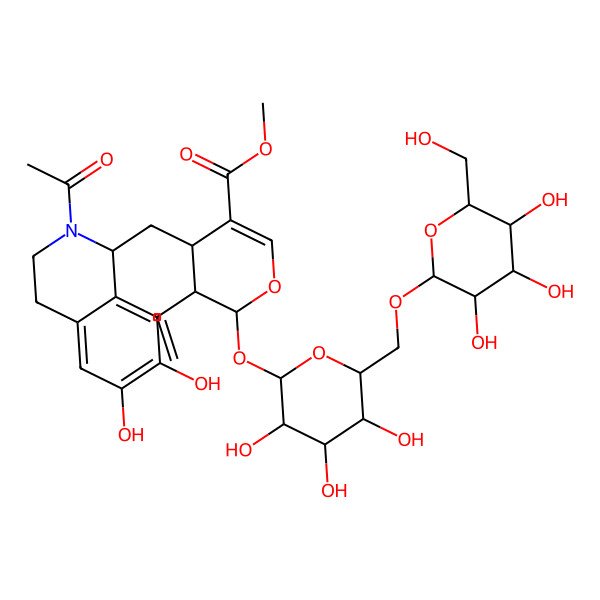 2D Structure of methyl (2S,3R,4S)-4-[[(1R)-2-acetyl-6,7-dihydroxy-3,4-dihydro-1H-isoquinolin-1-yl]methyl]-3-ethenyl-2-[(2S,3R,4S,5S,6R)-3,4,5-trihydroxy-6-[[(2R,3R,4S,5S,6R)-3,4,5-trihydroxy-6-(hydroxymethyl)oxan-2-yl]oxymethyl]oxan-2-yl]oxy-3,4-dihydro-2H-pyran-5-carboxylate