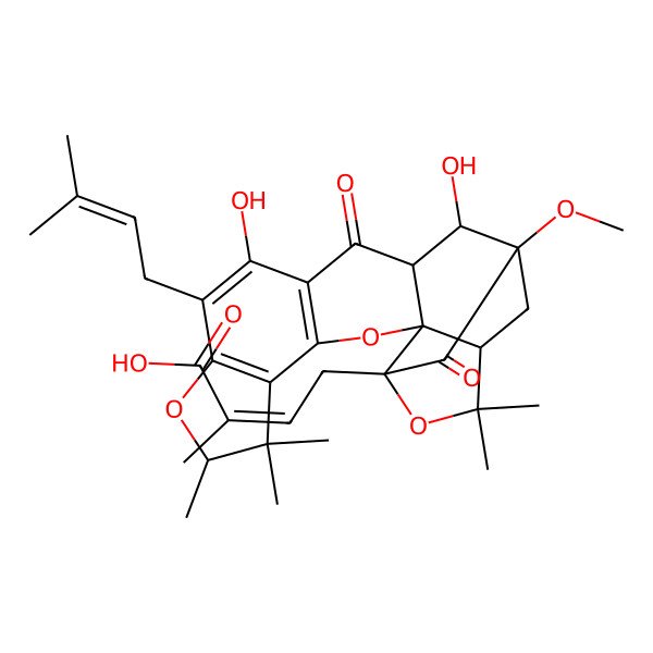 2D Structure of 4-[11,15-Dihydroxy-16-methoxy-6,6,7,20,20-pentamethyl-10-(3-methylbut-2-enyl)-13,17-dioxo-3,8,19-trioxahexacyclo[14.4.1.02,14.02,18.04,12.05,9]henicosa-4(12),5(9),10-trien-18-yl]-2-methylbut-2-enoic acid