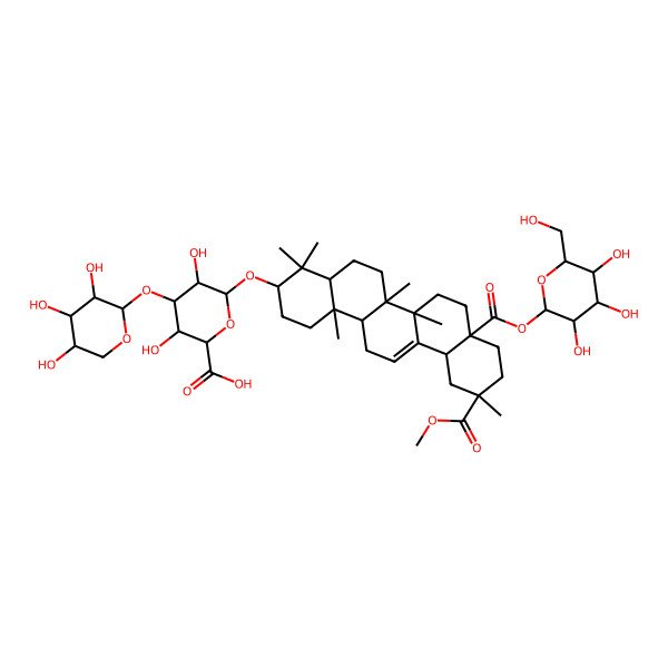 2D Structure of (2S,3S,4S,5R,6R)-6-[[(3S,4aR,6aR,6bS,8aR,11R,12aS,14aR,14bR)-11-methoxycarbonyl-4,4,6a,6b,11,14b-hexamethyl-8a-[(2S,3R,4S,5S,6R)-3,4,5-trihydroxy-6-(hydroxymethyl)oxan-2-yl]oxycarbonyl-1,2,3,4a,5,6,7,8,9,10,12,12a,14,14a-tetradecahydropicen-3-yl]oxy]-3,5-dihydroxy-4-[(2S,3R,4S,5S)-3,4,5-trihydroxyoxan-2-yl]oxyoxane-2-carboxylic acid