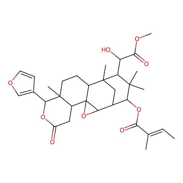 2D Structure of [(1R,2S,4S,5R,9R,10R,13R,14S,15R,17R)-9-(furan-3-yl)-15-[(1R)-1-hydroxy-2-methoxy-2-oxoethyl]-10,14,16,16-tetramethyl-7-oxo-3,8-dioxapentacyclo[12.3.1.02,4.04,13.05,10]octadecan-17-yl] (E)-2-methylbut-2-enoate