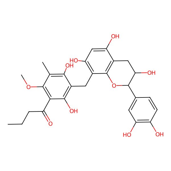 2D Structure of 1-[3-[[2-(3,4-dihydroxyphenyl)-3,5,7-trihydroxy-3,4-dihydro-2H-chromen-8-yl]methyl]-2,4-dihydroxy-6-methoxy-5-methylphenyl]butan-1-one