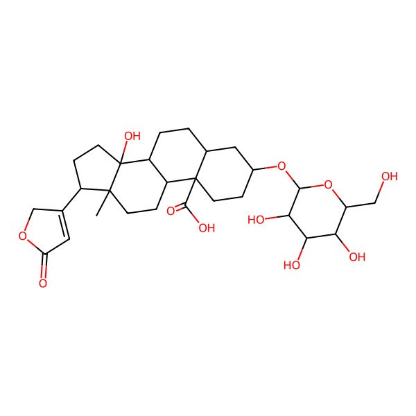 2D Structure of (3S,5S,8R,9S,10R,13R,14S,17R)-14-hydroxy-13-methyl-17-(5-oxo-2H-furan-3-yl)-3-[(2R,3R,4S,5S,6R)-3,4,5-trihydroxy-6-(hydroxymethyl)oxan-2-yl]oxy-1,2,3,4,5,6,7,8,9,11,12,15,16,17-tetradecahydrocyclopenta[a]phenanthrene-10-carboxylic acid