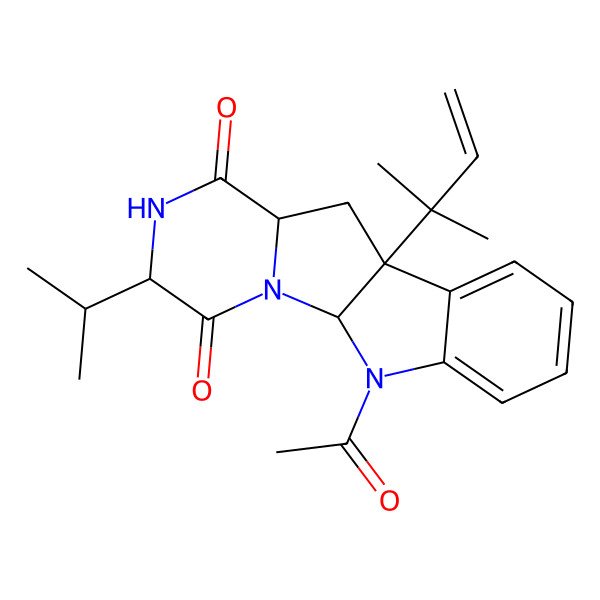2D Structure of 16-Acetyl-9-(2-methylbut-3-en-2-yl)-4-propan-2-yl-2,5,16-triazatetracyclo[7.7.0.02,7.010,15]hexadeca-10,12,14-triene-3,6-dione