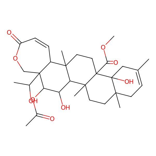 2D Structure of methyl (1S,2R,5S,10S,11R,14S,15S,21R,22R,23S)-22-acetyloxy-10,23-dihydroxy-21-[(1R)-1-hydroxyethyl]-2,5,8,14-tetramethyl-18-oxo-19-oxapentacyclo[12.9.0.02,11.05,10.015,21]tricosa-7,16-diene-11-carboxylate
