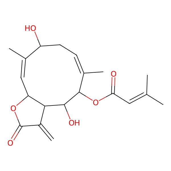 2D Structure of (4,9-Dihydroxy-6,10-dimethyl-3-methylidene-2-oxo-3a,4,5,8,9,11a-hexahydrocyclodeca[b]furan-5-yl) 3-methylbut-2-enoate