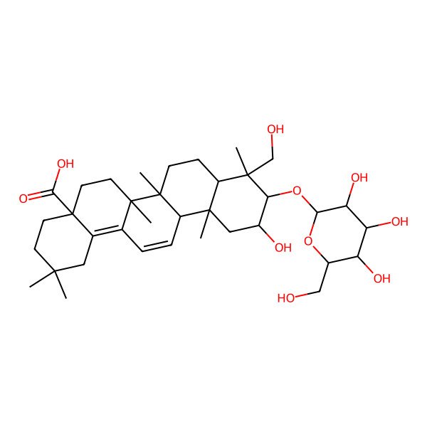 2D Structure of (4aS,6aR,6aS,6bR,8aR,9R,10R,11S,12aS)-11-hydroxy-9-(hydroxymethyl)-2,2,6a,6b,9,12a-hexamethyl-10-[(2R,3R,4S,5S,6R)-3,4,5-trihydroxy-6-(hydroxymethyl)oxan-2-yl]oxy-1,3,4,5,6,6a,7,8,8a,10,11,12-dodecahydropicene-4a-carboxylic acid