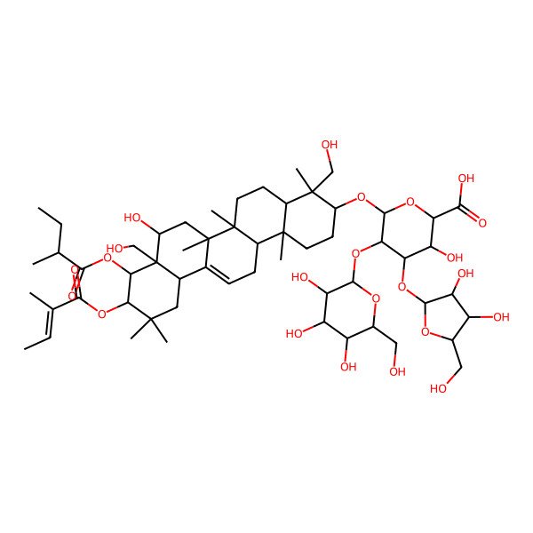 2D Structure of (2S,3S,4S,5R,6R)-6-[[(3S,4S,4aR,6aR,6bS,8R,8aR,9R,10R,12aS,14aR,14bR)-8-hydroxy-4,8a-bis(hydroxymethyl)-4,6a,6b,11,11,14b-hexamethyl-9-[(2R)-2-methylbutanoyl]oxy-10-[(Z)-2-methylbut-2-enoyl]oxy-1,2,3,4a,5,6,7,8,9,10,12,12a,14,14a-tetradecahydropicen-3-yl]oxy]-4-[(2S,3R,4R,5S)-3,4-dihydroxy-5-(hydroxymethyl)oxolan-2-yl]oxy-3-hydroxy-5-[(2S,3R,4S,5R,6R)-3,4,5-trihydroxy-6-(hydroxymethyl)oxan-2-yl]oxyoxane-2-carboxylic acid