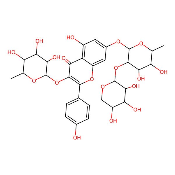 2D Structure of 7-[(2S,3R,4R,5R,6S)-4,5-dihydroxy-6-methyl-3-[(2S,3R,4S,5R)-3,4,5-trihydroxyoxan-2-yl]oxyoxan-2-yl]oxy-5-hydroxy-2-(4-hydroxyphenyl)-3-[(2S,3R,4R,5R,6S)-3,4,5-trihydroxy-6-methyloxan-2-yl]oxychromen-4-one