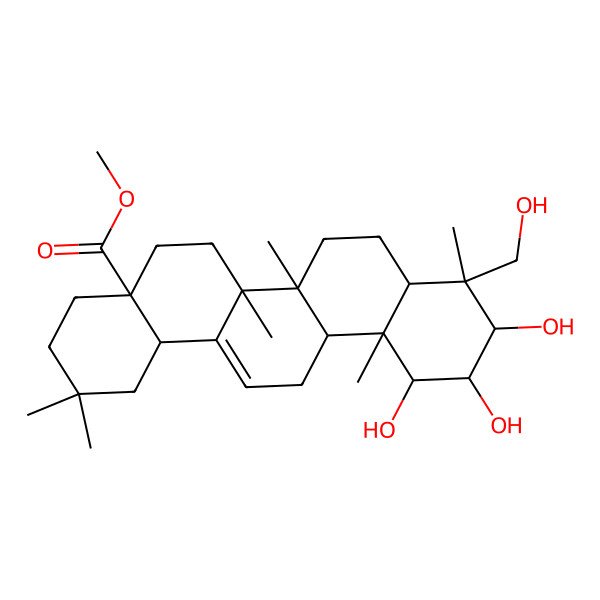 2D Structure of methyl (4aS,6aS,6aS,6bR,8aR,9R,10R,11R,12S,12aR,14bS)-10,11,12-trihydroxy-9-(hydroxymethyl)-2,2,6a,6b,9,12a-hexamethyl-1,3,4,5,6,6a,7,8,8a,10,11,12,13,14b-tetradecahydropicene-4a-carboxylate