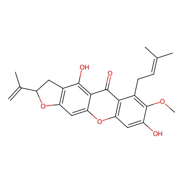 2D Structure of (2S)-4,8-dihydroxy-7-methoxy-6-(3-methylbut-2-enyl)-2-prop-1-en-2-yl-2,3-dihydrofuro[3,2-b]xanthen-5-one