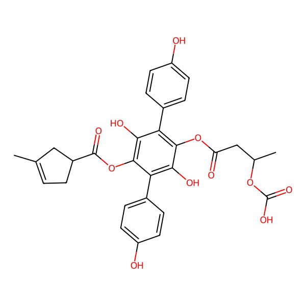 2D Structure of [4-[(3S)-3-carboxyoxybutanoyl]oxy-2,5-dihydroxy-3,6-bis(4-hydroxyphenyl)phenyl] 3-methylcyclopent-3-ene-1-carboxylate
