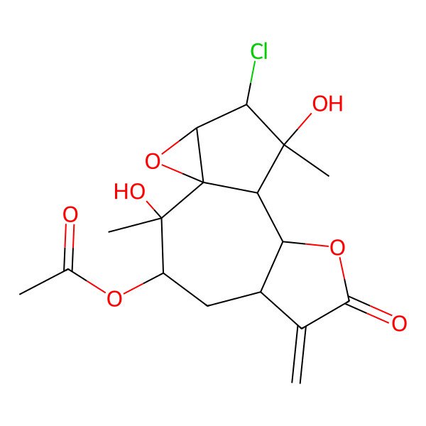 2D Structure of [(1S,2R,3R,5S,9S,10S,11R,12R,13S)-12-chloro-2,11-dihydroxy-2,11-dimethyl-6-methylidene-7-oxo-8,14-dioxatetracyclo[8.4.0.01,13.05,9]tetradecan-3-yl] acetate