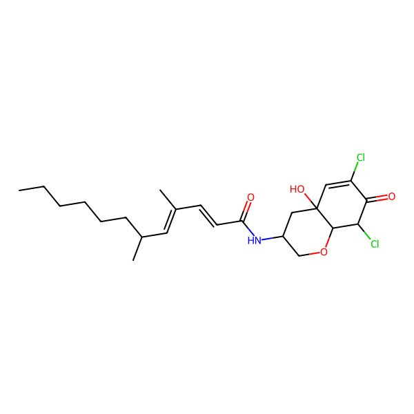 2D Structure of N-(6,8-dichloro-4a-hydroxy-7-oxo-3,4,8,8a-tetrahydro-2H-chromen-3-yl)-4,6-dimethyldodeca-2,4-dienamide