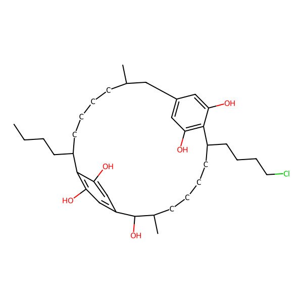 2D Structure of 19-Butyl-8-(4-chlorobutyl)-3,14-dimethyltricyclo[18.2.2.29,12]hexacosa-1(22),9,11,20,23,25-hexaene-2,10,21,24,26-pentol