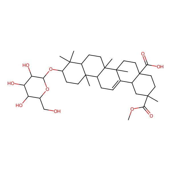 2D Structure of 2-Methoxycarbonyl-2,6a,6b,9,9,12a-hexamethyl-10-[3,4,5-trihydroxy-6-(hydroxymethyl)oxan-2-yl]oxy-1,3,4,5,6,6a,7,8,8a,10,11,12,13,14b-tetradecahydropicene-4a-carboxylic acid