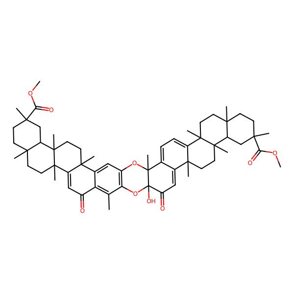 2D Structure of Dimethyl 24-hydroxy-3,8,11,14,17,20,27,32,35,38,41,44-dodecamethyl-23,29-dioxo-2,25-dioxaundecacyclo[24.20.0.03,24.04,21.07,20.08,17.011,16.028,45.031,44.032,41.035,40]hexatetraconta-1(26),4,6,21,27,30,45-heptaene-14,38-dicarboxylate