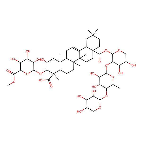 2D Structure of 8a-[3-[3,4-Dihydroxy-6-methyl-5-(3,4,5-trihydroxyoxan-2-yl)oxyoxan-2-yl]oxy-4,5-dihydroxyoxan-2-yl]oxycarbonyl-2-hydroxy-4,6a,6b,11,11,14b-hexamethyl-3-(3,4,5-trihydroxy-6-methoxycarbonyloxan-2-yl)oxy-1,2,3,4a,5,6,7,8,9,10,12,12a,14,14a-tetradecahydropicene-4-carboxylic acid