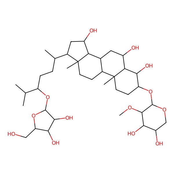 2D Structure of 17-[5-[3,4-dihydroxy-5-(hydroxymethyl)oxolan-2-yl]oxy-6-methylheptan-2-yl]-3-(4,5-dihydroxy-3-methoxyoxan-2-yl)oxy-10,13-dimethyl-2,3,4,5,6,7,8,9,11,12,14,15,16,17-tetradecahydro-1H-cyclopenta[a]phenanthrene-4,6,15-triol