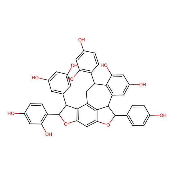 2D Structure of (3S,4S,10R,11R,18R)-4,18-bis(2,4-dihydroxyphenyl)-3-(3,5-dihydroxyphenyl)-10-(4-hydroxyphenyl)-5,9-dioxapentacyclo[9.8.1.02,6.08,20.012,17]icosa-1(20),2(6),7,12(17),13,15-hexaene-14,16-diol