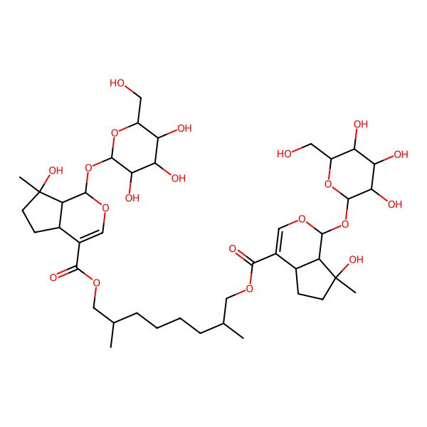 2D Structure of [(2R,7R)-8-[(1S,4aS,7S,7aS)-7-hydroxy-7-methyl-1-[(2S,3R,4S,5S,6R)-3,4,5-trihydroxy-6-(hydroxymethyl)oxan-2-yl]oxy-4a,5,6,7a-tetrahydro-1H-cyclopenta[c]pyran-4-carbonyl]oxy-2,7-dimethyloctyl] (1S,4aS,7S,7aS)-7-hydroxy-7-methyl-1-[(2S,3R,4S,5S,6R)-3,4,5-trihydroxy-6-(hydroxymethyl)oxan-2-yl]oxy-4a,5,6,7a-tetrahydro-1H-cyclopenta[c]pyran-4-carboxylate