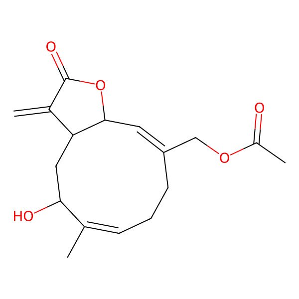 2D Structure of [(3aS,5S,6Z,10E,11aR)-5-hydroxy-6-methyl-3-methylidene-2-oxo-3a,4,5,8,9,11a-hexahydrocyclodeca[b]furan-10-yl]methyl acetate