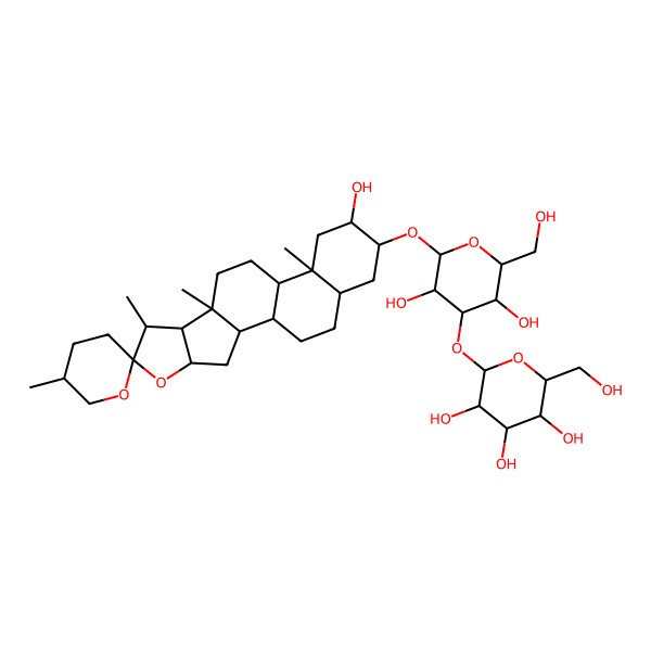 2D Structure of (2S,3R,4S,5S,6R)-2-[(2R,3R,4S,5R,6R)-3,5-dihydroxy-2-(hydroxymethyl)-6-[(1R,2S,4S,5'R,6R,7S,8R,9S,12S,13S,15R,16R,18S)-15-hydroxy-5',7,9,13-tetramethylspiro[5-oxapentacyclo[10.8.0.02,9.04,8.013,18]icosane-6,2'-oxane]-16-yl]oxyoxan-4-yl]oxy-6-(hydroxymethyl)oxane-3,4,5-triol