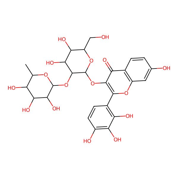 2D Structure of 3-[(2S,3S,4S,5S,6R)-4,5-dihydroxy-6-(hydroxymethyl)-3-[(2S,3S,4R,5R,6S)-3,4,5-trihydroxy-6-methyloxan-2-yl]oxyoxan-2-yl]oxy-7-hydroxy-2-(2,3,4-trihydroxyphenyl)chromen-4-one