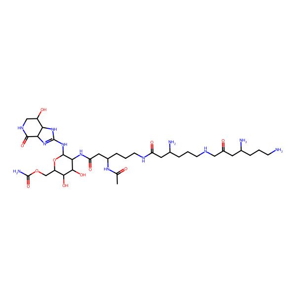 2D Structure of [6-[[(3aS,7R,7aS)-7-hydroxy-4-oxo-1,3a,5,6,7,7a-hexahydroimidazo[4,5-c]pyridin-2-yl]amino]-5-[[(3S)-3-acetamido-6-[[(3S)-3-amino-6-[[(4S)-4,7-diamino-2-oxoheptyl]amino]hexanoyl]amino]hexanoyl]amino]-3,4-dihydroxyoxan-2-yl]methyl carbamate