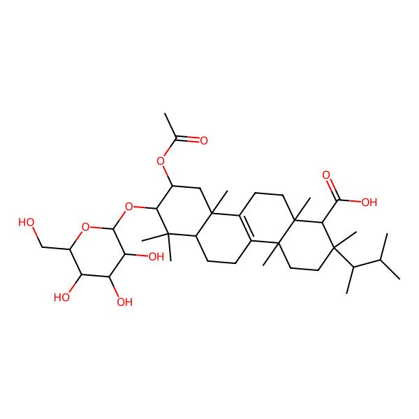 2D Structure of 9-acetyloxy-2,4a,7,7,10a,12a-hexamethyl-2-(3-methylbutan-2-yl)-8-[3,4,5-trihydroxy-6-(hydroxymethyl)oxan-2-yl]oxy-3,4,5,6,6a,8,9,10,11,12-decahydro-1H-chrysene-1-carboxylic acid
