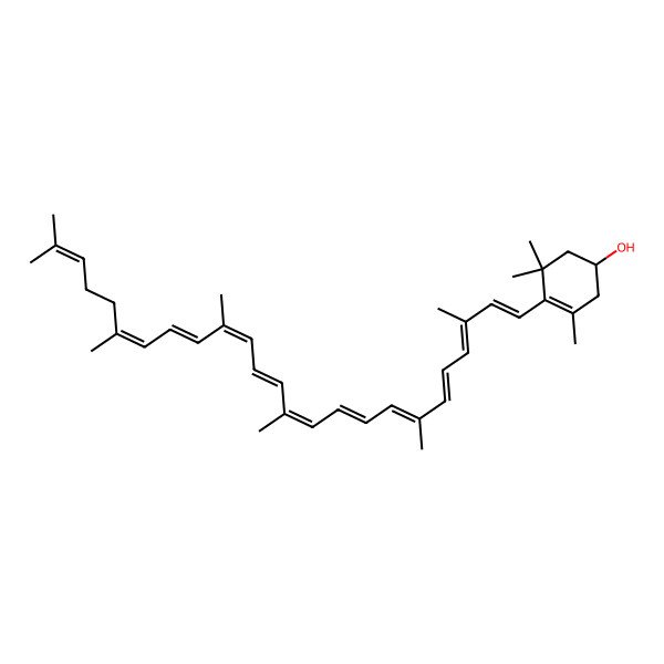 2D Structure of (1R)-4-[(1E,3E,5E,7E,9E,11Z,13E,15E,17E,19E)-3,7,12,16,20,24-hexamethylpentacosa-1,3,5,7,9,11,13,15,17,19,23-undecaenyl]-3,5,5-trimethylcyclohex-3-en-1-ol