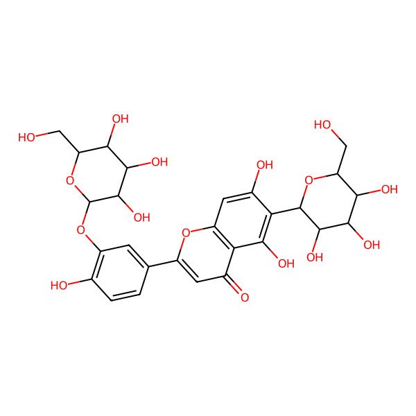 2D Structure of 5,7-dihydroxy-2-[4-hydroxy-3-[(2S,3R,4R,5S,6R)-3,4,5-trihydroxy-6-(hydroxymethyl)oxan-2-yl]oxyphenyl]-6-[(2S,3R,4R,5S,6R)-3,4,5-trihydroxy-6-(hydroxymethyl)oxan-2-yl]chromen-4-one