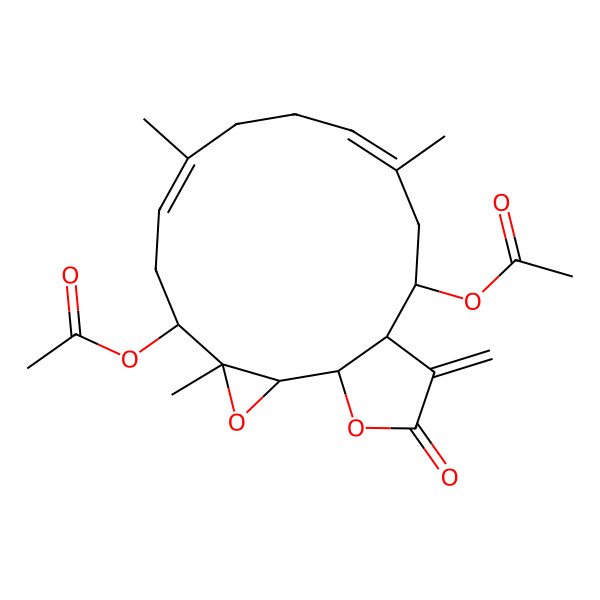 2D Structure of (14-Acetyloxy-4,8,12-trimethyl-16-methylidene-17-oxo-3,18-dioxatricyclo[13.3.0.02,4]octadeca-7,11-dien-5-yl) acetate