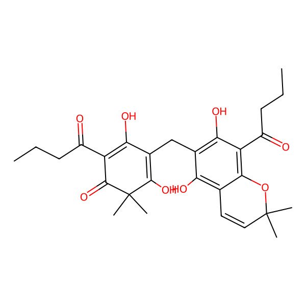 2D Structure of 2-Butanoyl-4-[(8-butanoyl-5,7-dihydroxy-2,2-dimethylchromen-6-yl)methyl]-3,5-dihydroxy-6,6-dimethylcyclohexa-2,4-dien-1-one